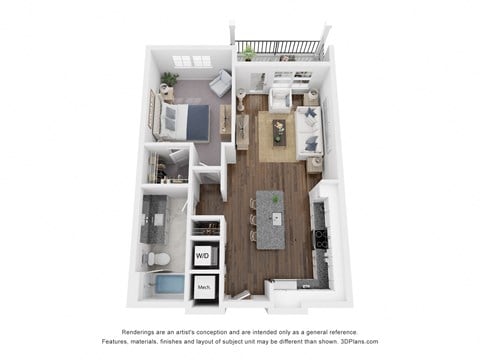 Floor plan for 1 bed, 1 bath, 742 sqft